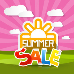Summer Sale Background with Sun, Meadow, Hills, Sky, Clouds