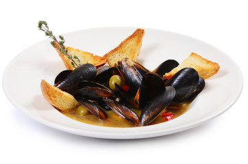 Mussels Tuscan with crispy ciabatta isolated