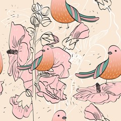 Vector hand drawn illustration with cartoon birds
