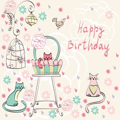 Vintage card vector with cats in bright colors