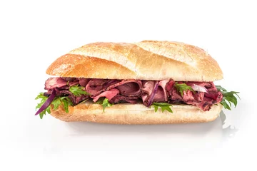 Foto auf Leinwand Rare roast beef and fresh rocket on a baguette © exclusive-design