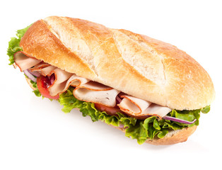 Fresh salad with chicken on a crusty baguette