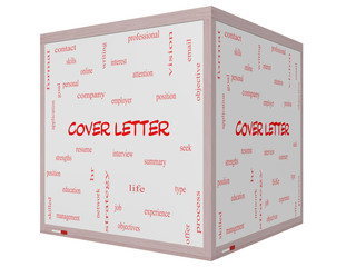 Cover Letter Word Cloud Concept on a 3D cube Whiteboard