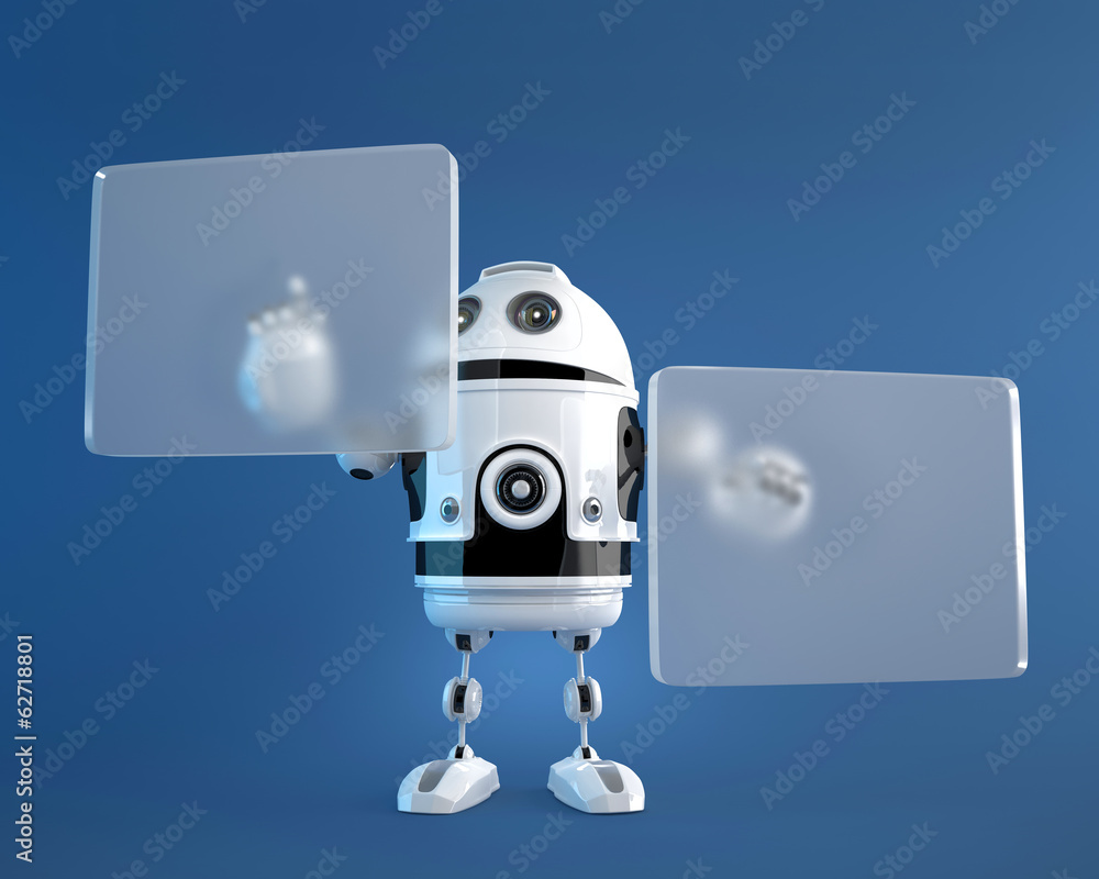Poster robot pushing a button on digital vurtual screen