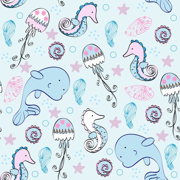 Babies  hand-drawn sea seamless pattern. Sea background