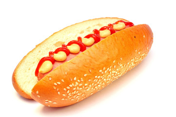 hot dog with tomato ketchup and mustard