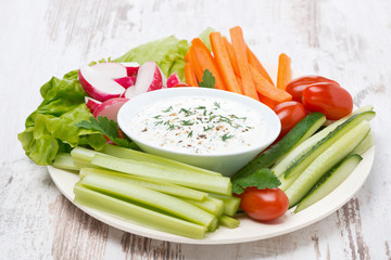 plate with fresh vegetables and thick yoghurt sauce