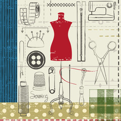 Grunge hand drawn sewing related poster