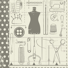 Hand drawn sewing related seamless vector pattern background