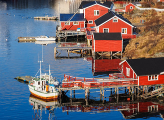 Norwegian fishing village with red rorbu huts, Lofoten Islands