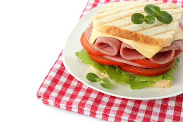 Tasty sandwich with ham, isolated on white