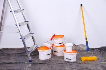 Buckets with paint and ladder