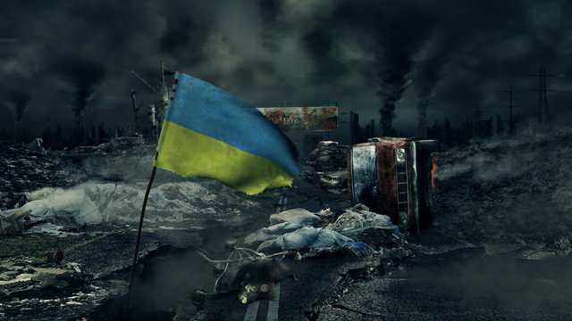 Post apocalyptic scene - Ukraine flag
