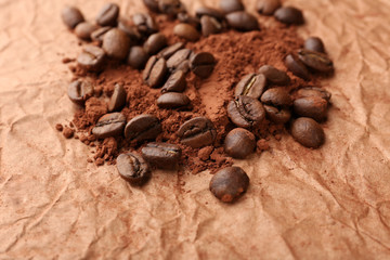 Coffee beans on table close-up