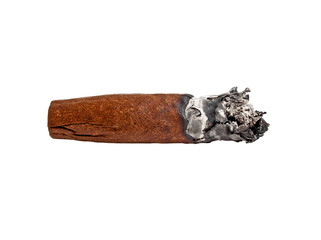 Brown cigar burned on white background