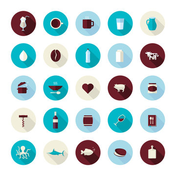 Set of modern flat design icons for food and drink
