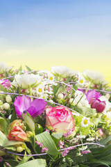 bunch of flowers,roses,anemones, daisies, buttercups,border