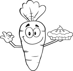 Black And White Smiling Carrot Character Holding Up A Pie