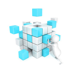 3d man with different blocks. business structure concept