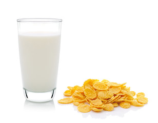 Cornflakes and milk on white background