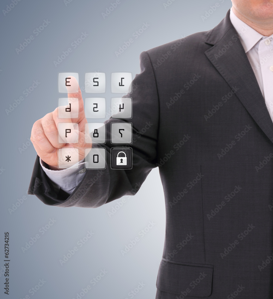 Poster man pressing the security code