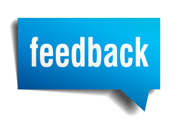 Feedback blue 3d realistic paper speech bubble isolated on white