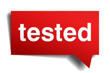 Tested red 3d realistic paper speech bubble isolated on white