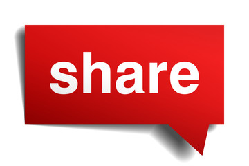 Share red 3d realistic paper speech bubble isolated on white