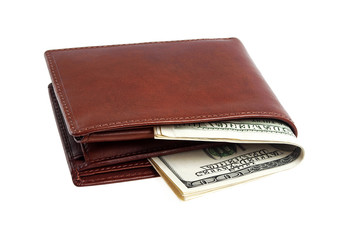 Brown leather wallet with money isolated on white background