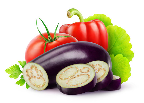 Isolated vegetables. Cut eggplant, tomato and red bell pepper isolated on white background