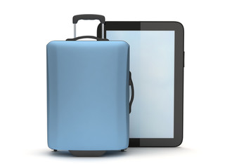 Tablet computer and suitcase on white background