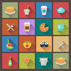 set of drink and food icons in flat design style