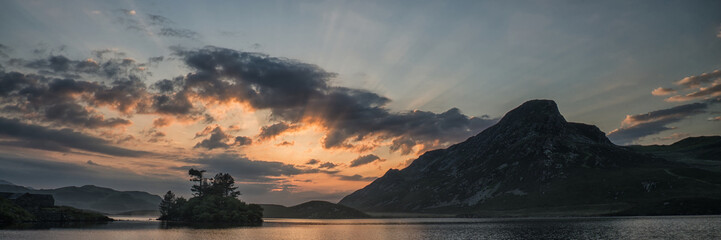 Panorama landscape stunning sunrise over lake in mountains