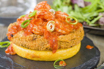 Crispy Polenta, Fishcake & Spicy Prawns