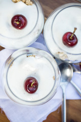 Vanilla yoghurt and fresh cherries for breakfast