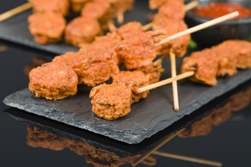 Spicy Chicken Satay - Marinated chicken meatball skewers