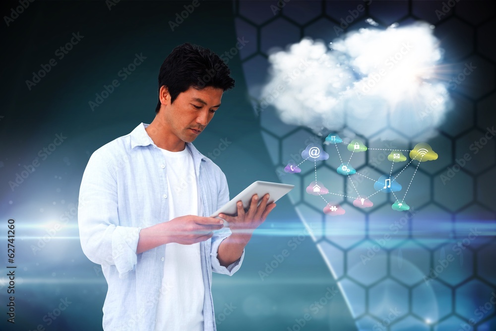 Aufkleber casual man using tablet with app icons and cloud