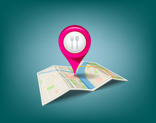 Folded maps with pink color point markers, restaurant