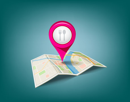 Folded maps with pink color point markers, restaurant