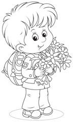 First grader with a schoolbag and flowers