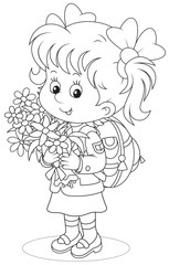 Little schoolgirl with a schoolbag and flowers