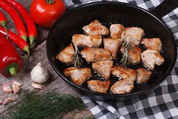 Pieces of grilled meat in a pan view from above.