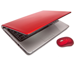 Red computer mouse and red notebook..