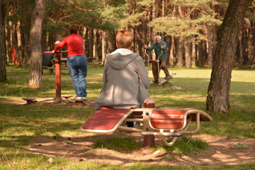 Jubilados haciendo ejercicio en el bosque bajo los arboles