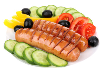 Grilled sausages with vegetables isolated on white