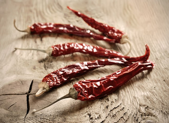 Dry chili pepper on wooden surface