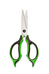 Steel scissors with rubber grips, green and black.