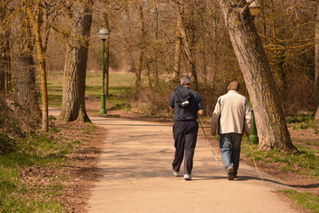 Dos hombres con baston caminando por la naturaleza