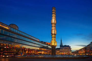 Night view of Sergels Torg with the glass obelisk