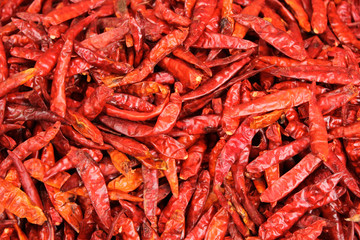 Dried red hot chillies texture background